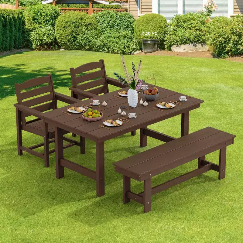 Hyleory Set da Pranzo per Esterni in HDPE Riciclato 4 Pezzi - Tavolo Rettangolare e Foro per Ombrellone, Panca da Pranzo per Esterni, 2 Poltrone da Esterni