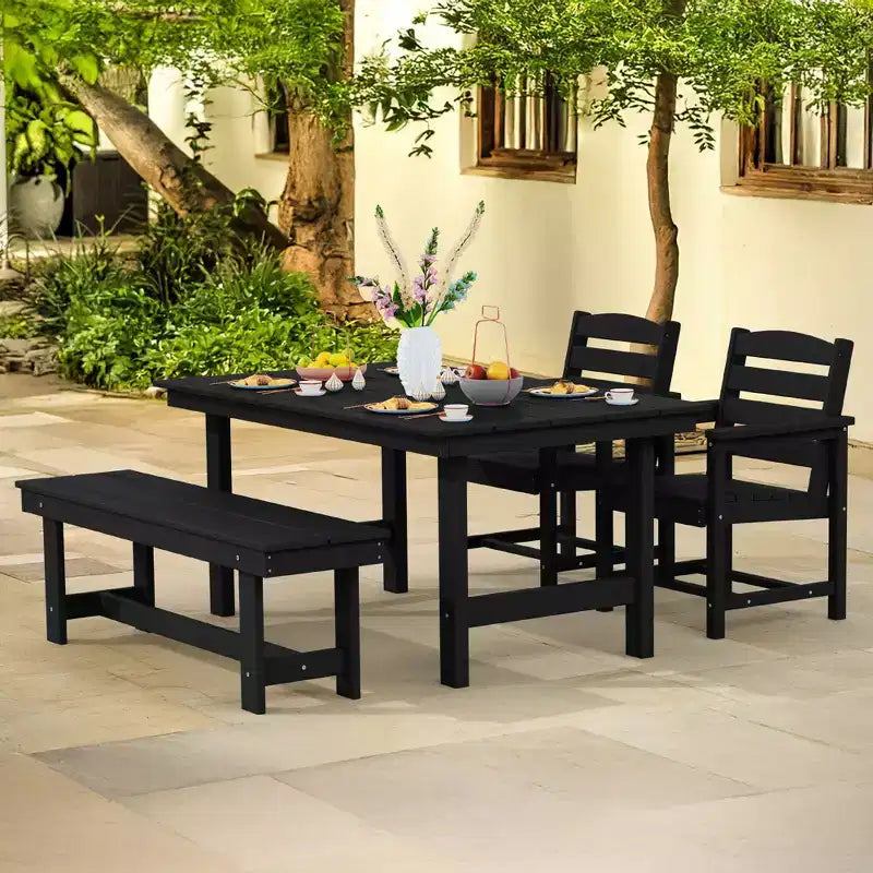 Hyleory Set da Pranzo per Esterni in HDPE Riciclato 4 Pezzi - Tavolo Rettangolare e Foro per Ombrellone, Panca da Pranzo per Esterni, 2 Poltrone da Esterni