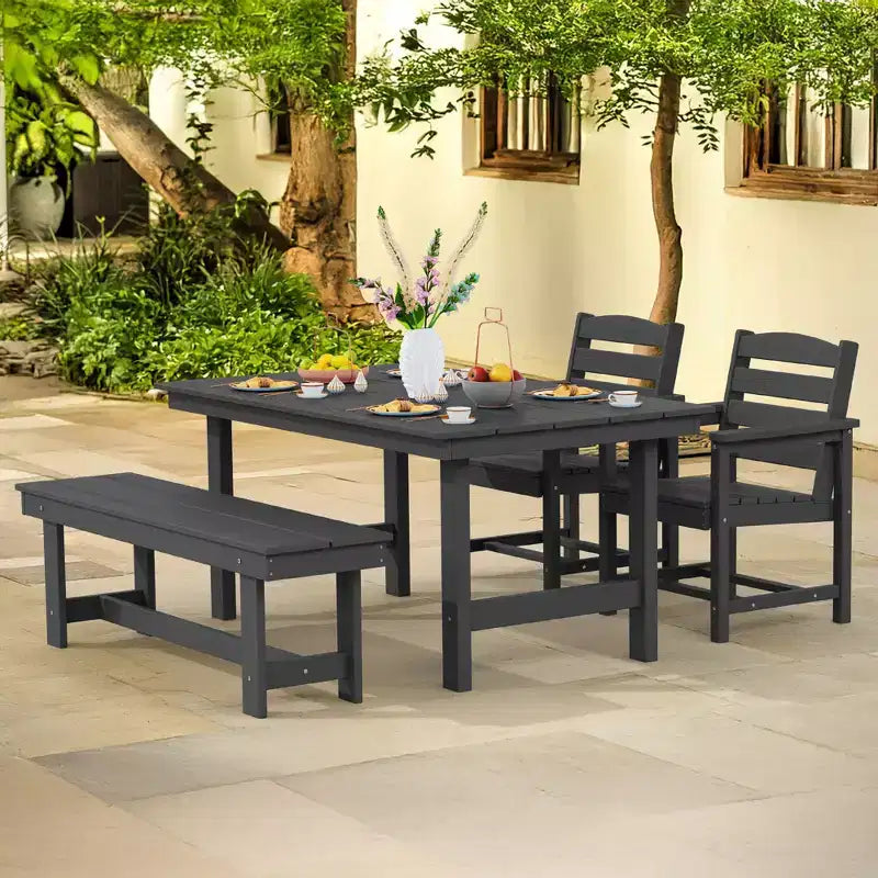 Hyleory Set da Pranzo per Esterni in HDPE Riciclato 4 Pezzi - Tavolo Rettangolare e Foro per Ombrellone, Panca da Pranzo per Esterni, 2 Poltrone da Esterni