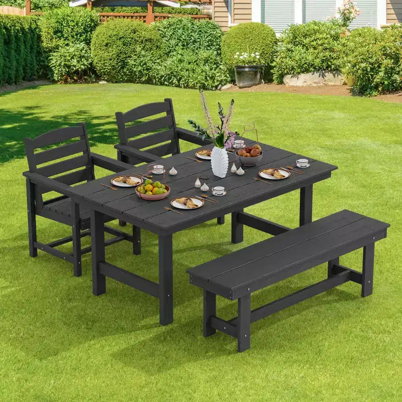 Hyleory Set da Pranzo per Esterni in HDPE Riciclato 4 Pezzi - Tavolo Rettangolare e Foro per Ombrellone, Panca da Pranzo per Esterni, 2 Poltrone da Esterni