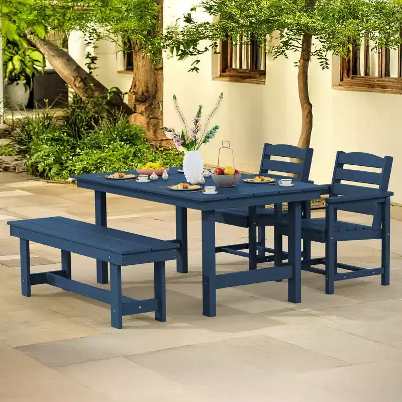 Hyleory Set da Pranzo per Esterni in HDPE Riciclato 4 Pezzi - Tavolo Rettangolare e Foro per Ombrellone, Panca da Pranzo per Esterni, 2 Poltrone da Esterni