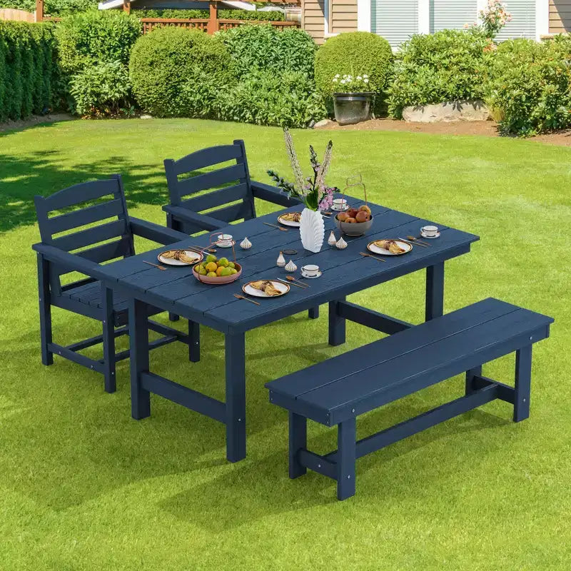 Hyleory Set da Pranzo per Esterni in HDPE Riciclato 4 Pezzi - Tavolo Rettangolare e Foro per Ombrellone, Panca da Pranzo per Esterni, 2 Poltrone da Esterni