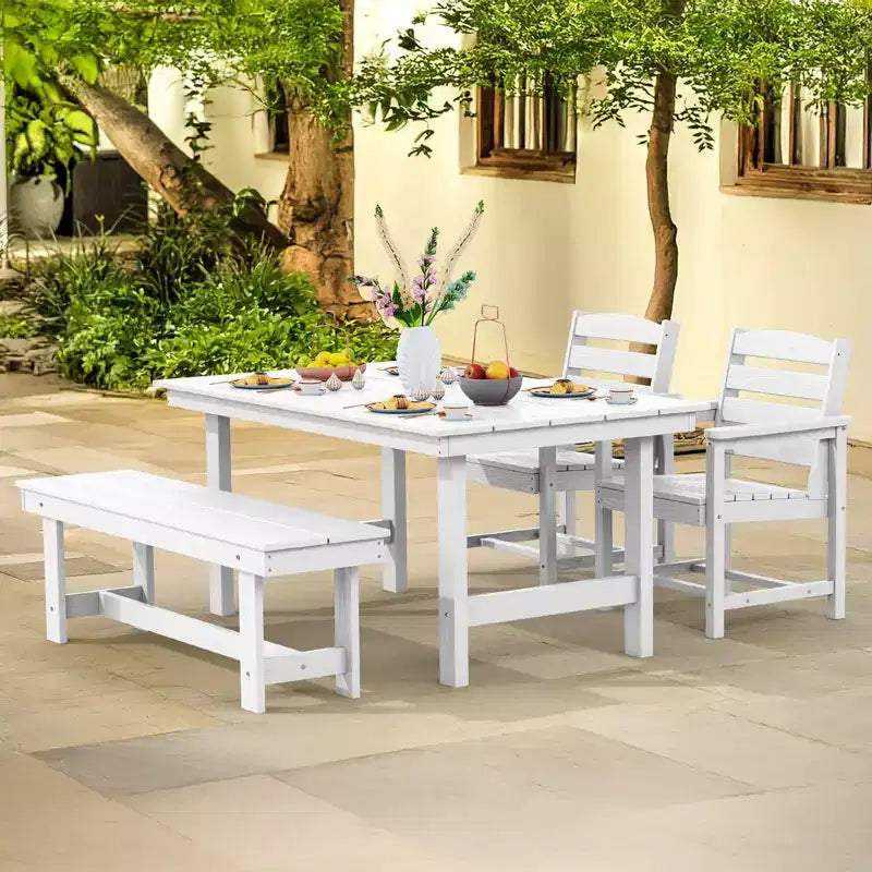Hyleory Set da Pranzo per Esterni in HDPE Riciclato 4 Pezzi - Tavolo Rettangolare e Foro per Ombrellone, Panca da Pranzo per Esterni, 2 Poltrone da Esterni