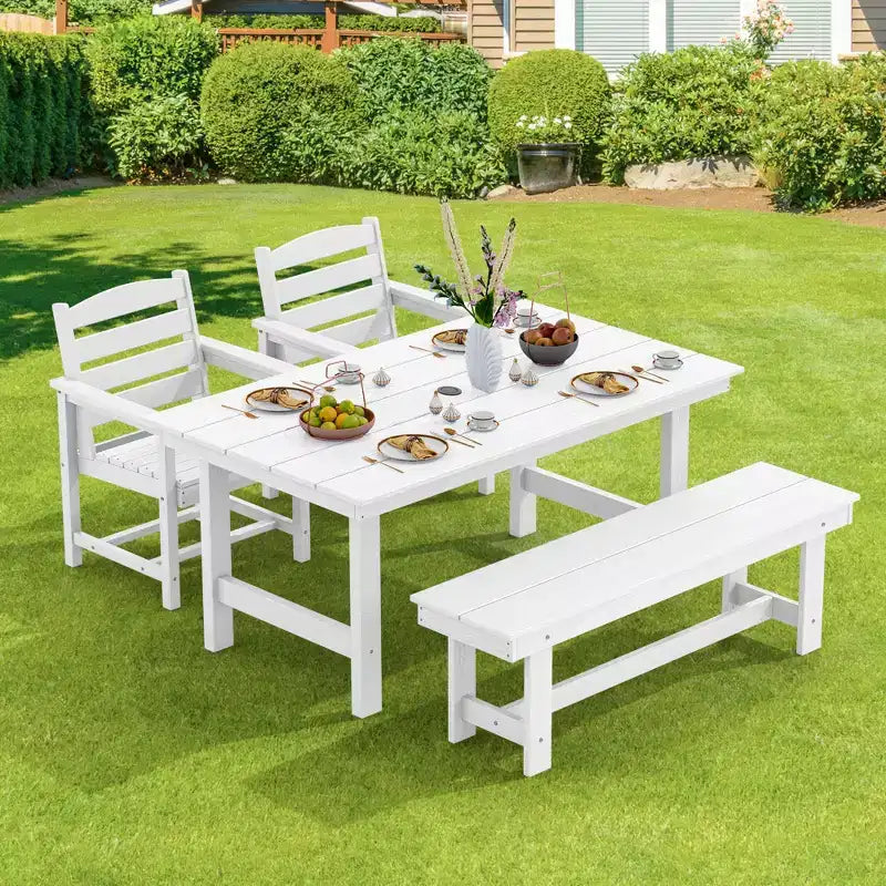 Hyleory Set da Pranzo per Esterni in HDPE Riciclato 4 Pezzi - Tavolo Rettangolare e Foro per Ombrellone, Panca da Pranzo per Esterni, 2 Poltrone da Esterni