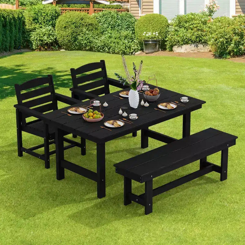 Hyleory Set da Pranzo per Esterni in HDPE Riciclato 4 Pezzi - Tavolo Rettangolare e Foro per Ombrellone, Panca da Pranzo per Esterni, 2 Poltrone da Esterni