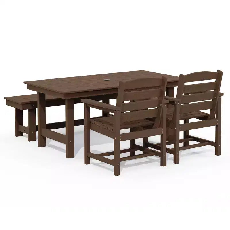Hyleory - Ensemble repas de terrasse 4 pièces en PEHD recyclé - Table rectangulaire et trou pour parasol, banc de salle à manger, 2 fauteuils de terrasse