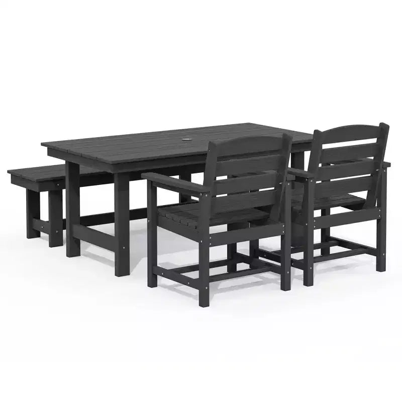 Hyleory - Ensemble repas de terrasse 4 pièces en PEHD recyclé - Table rectangulaire et trou pour parasol, banc de salle à manger, 2 fauteuils de terrasse