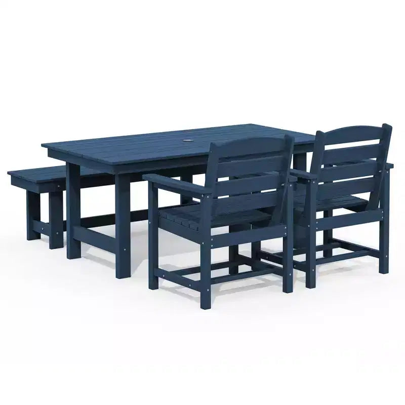 Hyleory - Ensemble repas de terrasse 4 pièces en PEHD recyclé - Table rectangulaire et trou pour parasol, banc de salle à manger, 2 fauteuils de terrasse