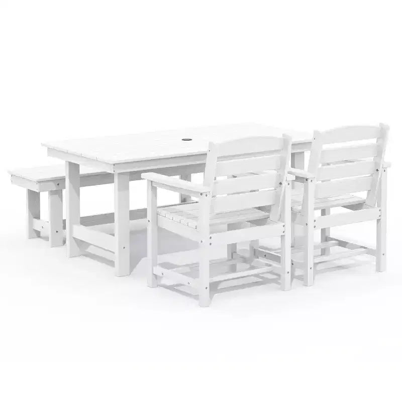 Hyleory - Ensemble repas de terrasse 4 pièces en PEHD recyclé - Table rectangulaire et trou pour parasol, banc de salle à manger, 2 fauteuils de terrasse