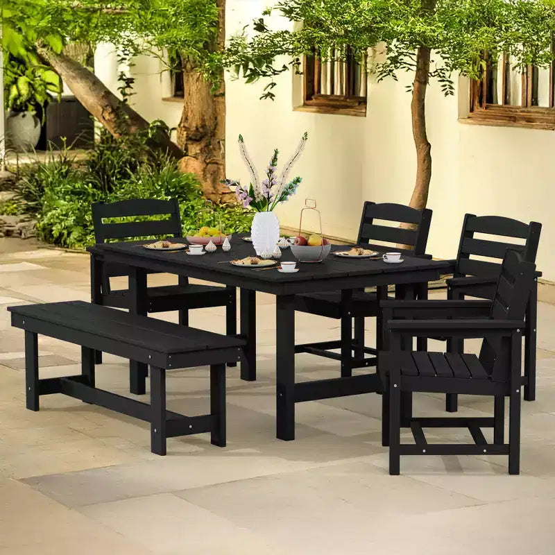Hyleory Set da Pranzo per Esterni da 6 Pezzi in HDPE con Tavolo Rettangolare e Foro per Ombrellone, Panca e Poltrone