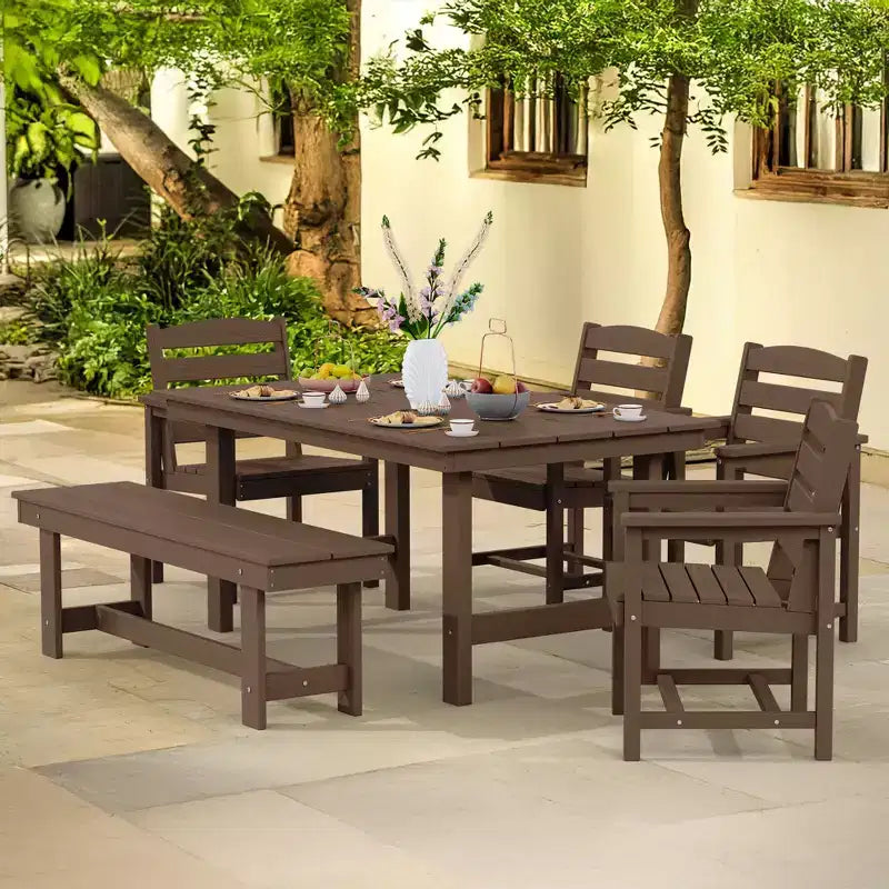 Hyleory Set da Pranzo per Esterni da 6 Pezzi in HDPE con Tavolo Rettangolare e Foro per Ombrellone, Panca e Poltrone