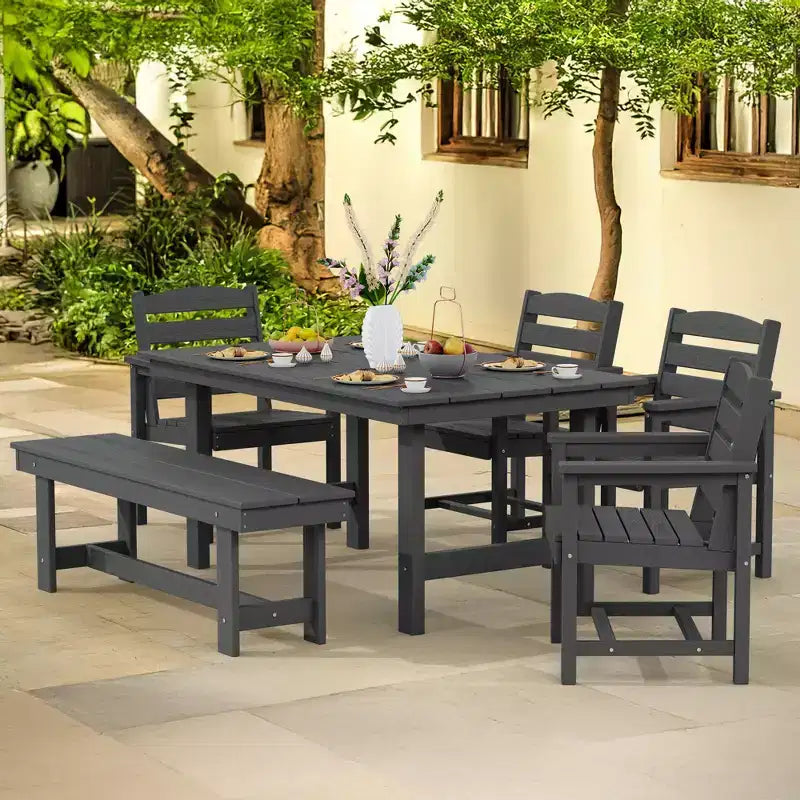 Hyleory Set da Pranzo per Esterni da 6 Pezzi in HDPE con Tavolo Rettangolare e Foro per Ombrellone, Panca e Poltrone