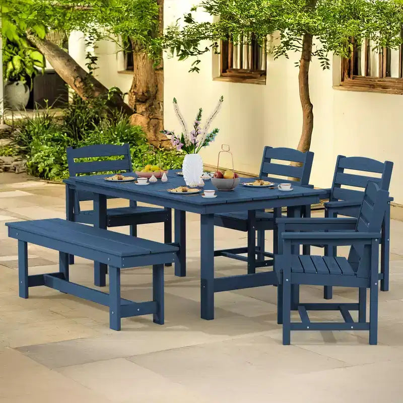 Hyleory Set da Pranzo per Esterni da 6 Pezzi in HDPE con Tavolo Rettangolare e Foro per Ombrellone, Panca e Poltrone
