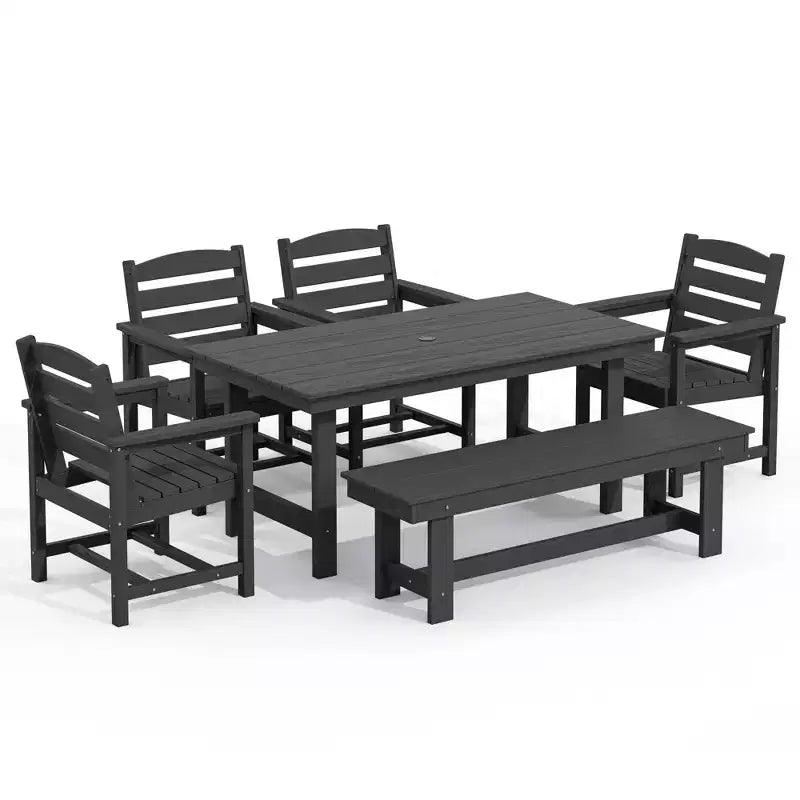 Hyleory Ensemble de salle à manger d'extérieur 6 pièces en PEHD avec table rectangulaire et trou pour parasol, banc et fauteuils
