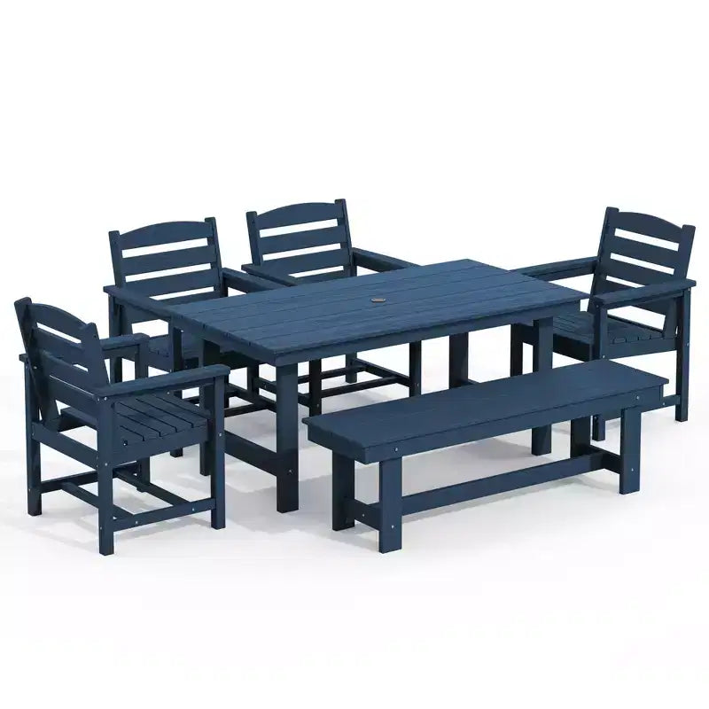 Hyleory Ensemble de salle à manger d'extérieur 6 pièces en PEHD avec table rectangulaire et trou pour parasol, banc et fauteuils