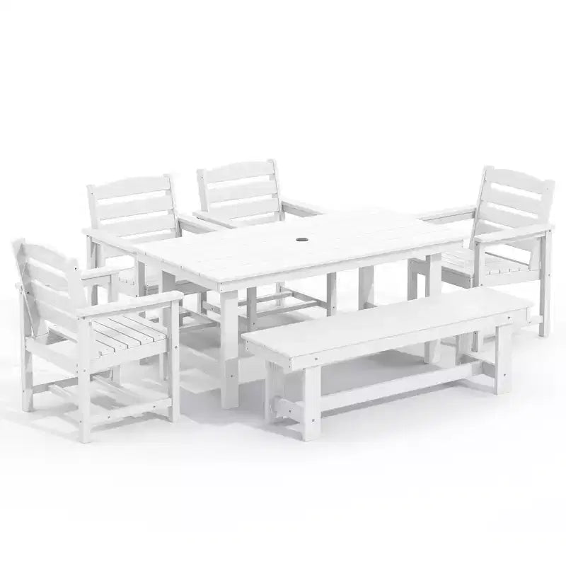 Hyleory Ensemble de salle à manger d'extérieur 6 pièces en PEHD avec table rectangulaire et trou pour parasol, banc et fauteuils