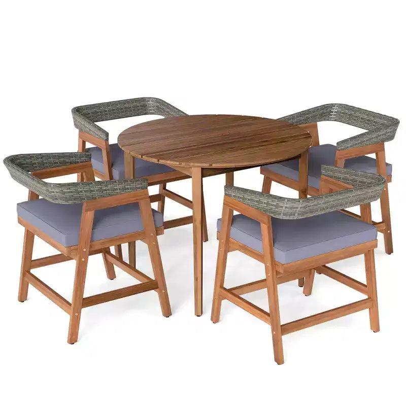Set da pranzo da patio Costway 5 pezzi in legno massello per esterni con schienale in rattan
