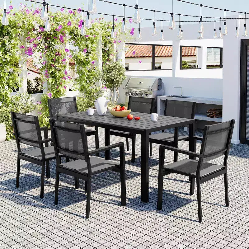 CLIHOME Set tavolo e sedie da esterno in acciaio da 7 pezzi, set da pranzo per patio, balcone, cortile