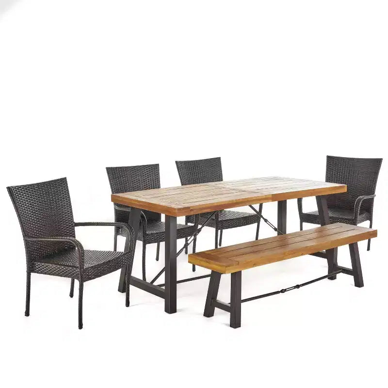 Ensemble de salle à manger GDFStudio Soltice 6 pièces en osier et bois d'acacia avec banc