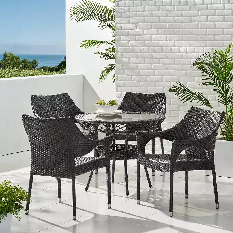 GDFStudio Blythe Outdoor Wicker and Tempered Glass 5 Piece Dining Set