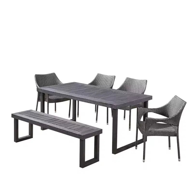 Christopher Knight Home Nelly Ensemble de salle à manger extérieur 6 pièces en bois d'acacia avec chaises et banc empilables en osier