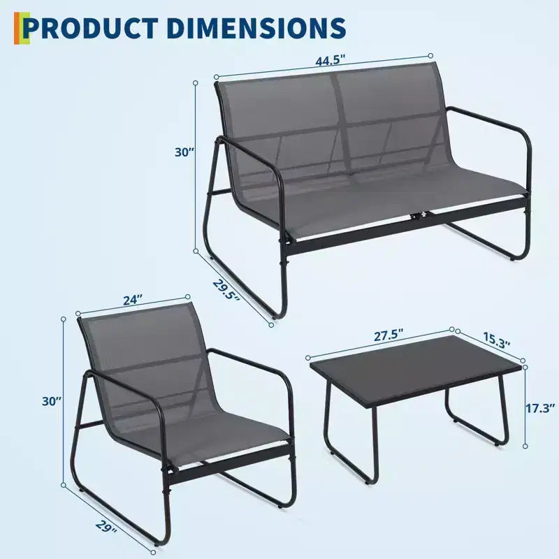 Set di mobili da conversazione per esterni da 4 pezzi, set di tavolo e sedie da esterno in Textilene resistente alle intemperie, mobili da patio piccoli per balcone e giardino