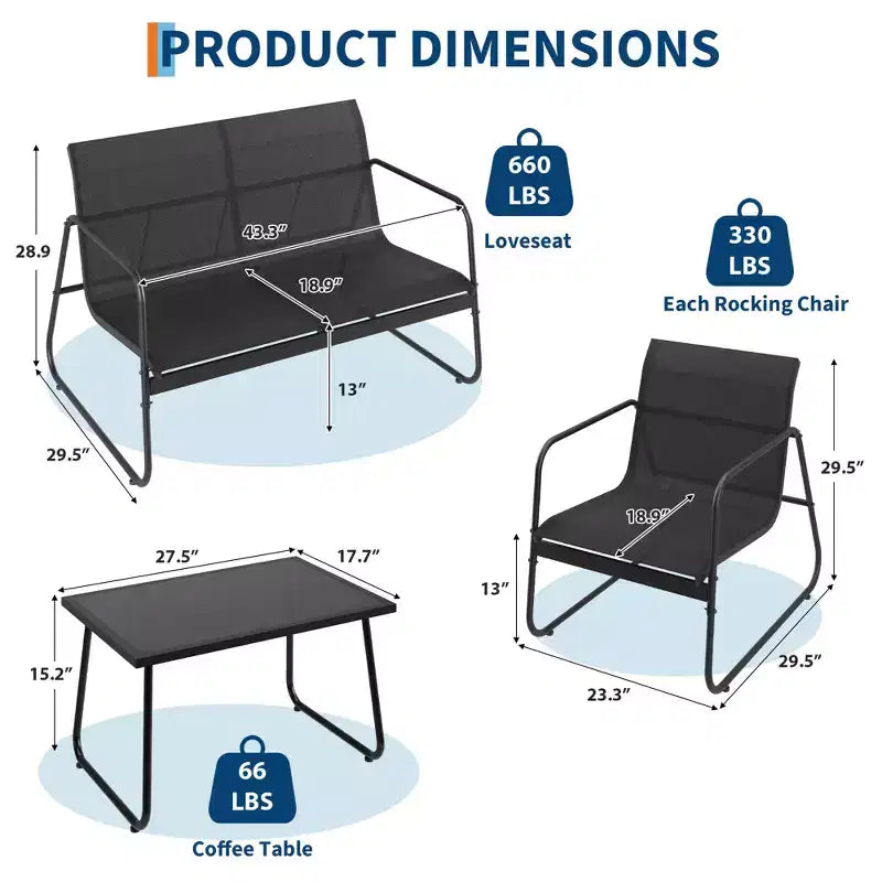Set di mobili da conversazione per esterni da 4 pezzi, set di tavolo e sedie da esterno in Textilene resistente alle intemperie, mobili da patio piccoli per balcone e giardino