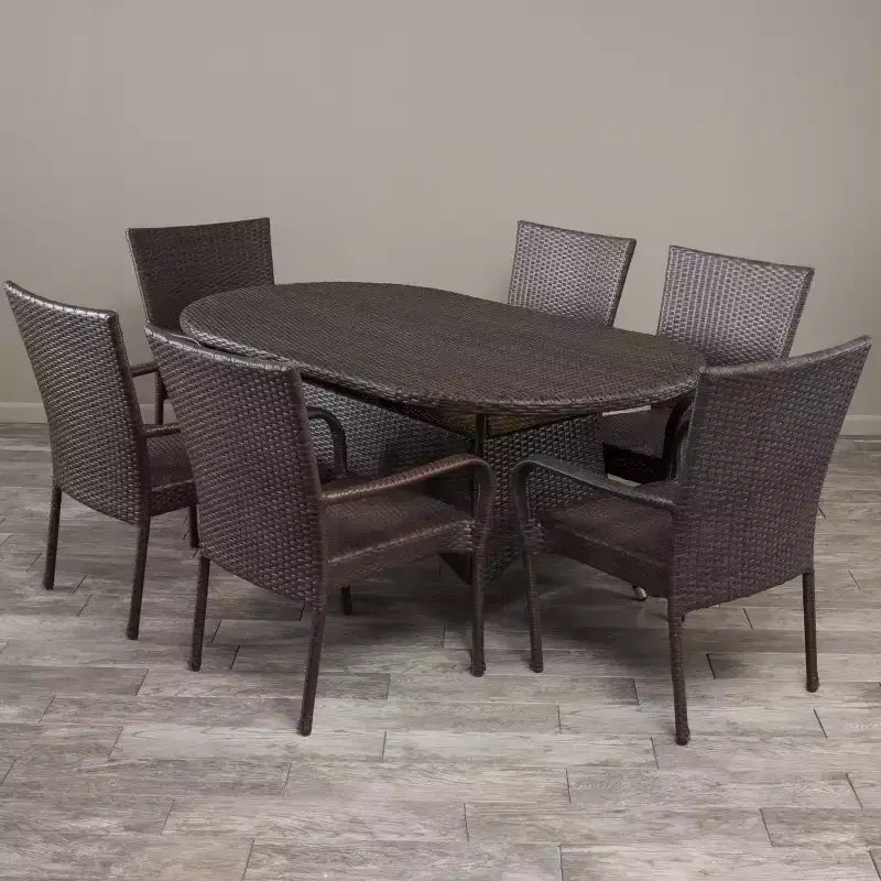 GDFStudio Set da Pranzo da Esterno in Rattan a 7 Pezzi Slate con Sedie Impilabili