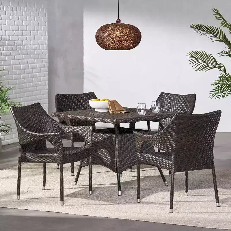 GDFStudio Ronnie Outdoor Wicker and Iron 5 Piece Dining Set