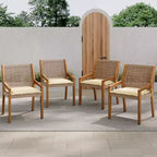 NAYSAYE Set da Pranzo per Patio, Sedie da Pranzo da Esterno in Rattan e Legno di Acacia con Cuscini, per Giardino, Marrone e Crema, 23.5*21.25*32