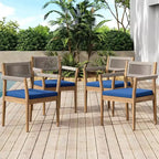 NAYSAYE Set da pranzo da patio Sedie da pranzo in legno di acacia intrecciato con cuscini e braccioli per giardino a bordo piscina, blu navy e beige, 23,25*21,5*32,25