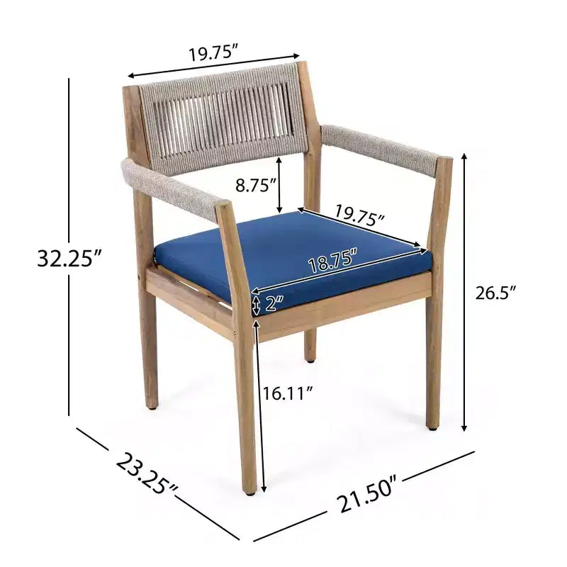 NAYSAYE Set da pranzo da patio Sedie da pranzo in legno di acacia intrecciato con cuscini e braccioli per giardino a bordo piscina, blu navy e beige, 23,25*21,5*32,25