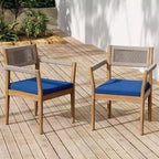 NAYSAYE Set da pranzo da patio Sedie da pranzo in legno di acacia intrecciato con cuscini e braccioli per giardino a bordo piscina, blu navy e beige, 23,25*21,5*32,25