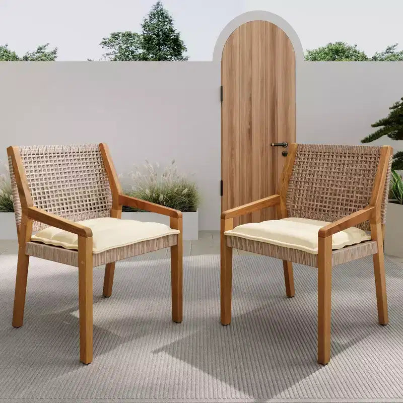 Set da pranzo da esterno NAYSAYE in legno di acacia e vimini con cuscini per giardino e patio, marrone e teak, 23.5*21.25*32