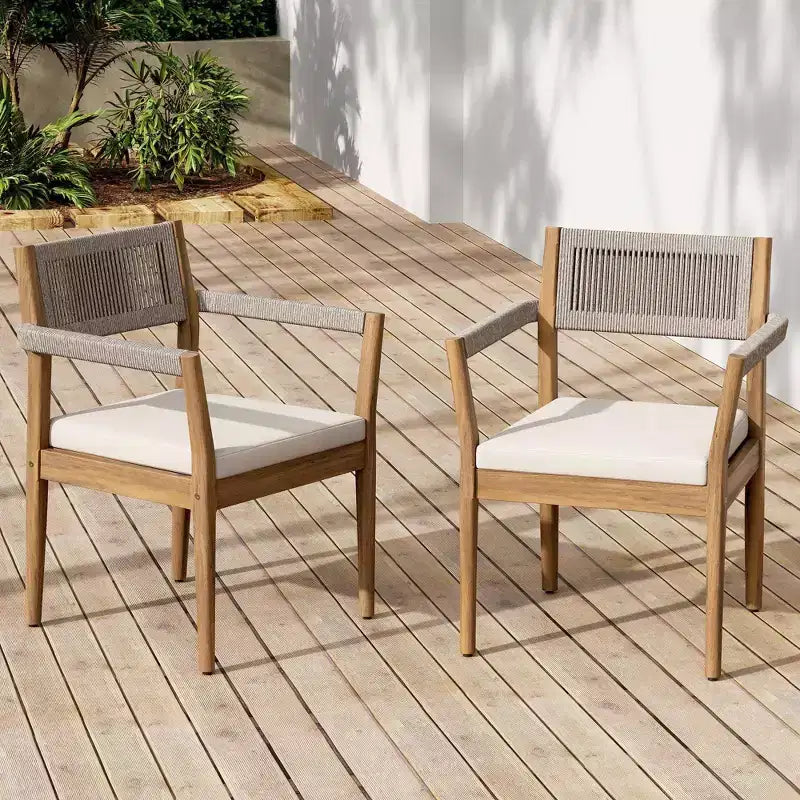 NAYSAYE Set da pranzo da patio Sedie da pranzo in legno di acacia intrecciato con cuscini e braccioli per giardino a bordo piscina, Teak e Beige, 23.25*21.5*32.25