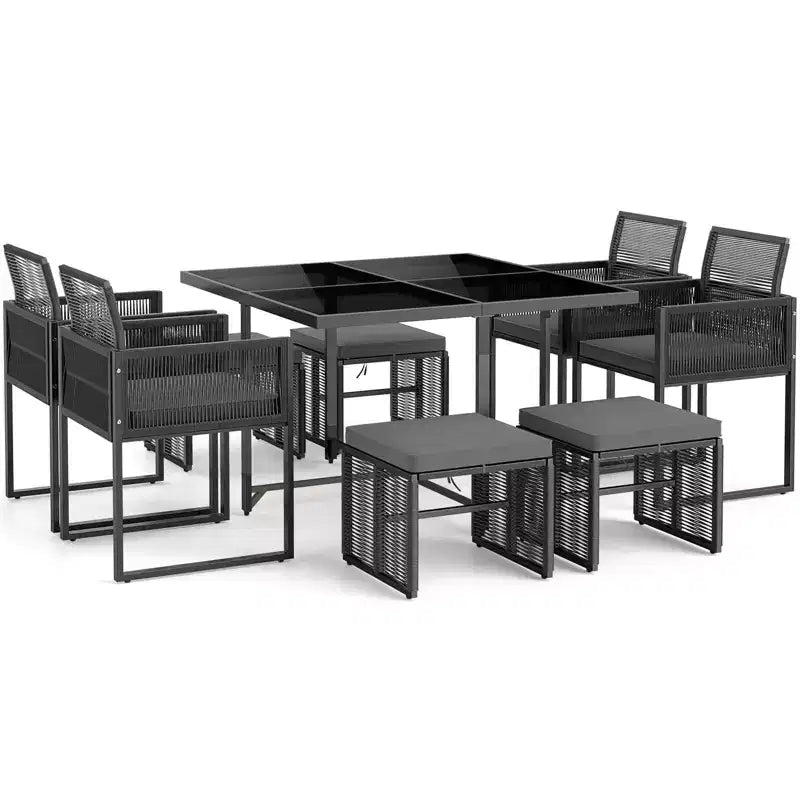 Costway Ensemble de salle à manger 9 pièces pour terrasse avec chaises en rotin PE, table en verre trempé et poufs