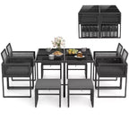 Costway Ensemble de salle à manger 9 pièces pour terrasse avec chaises en rotin PE, table en verre trempé et poufs