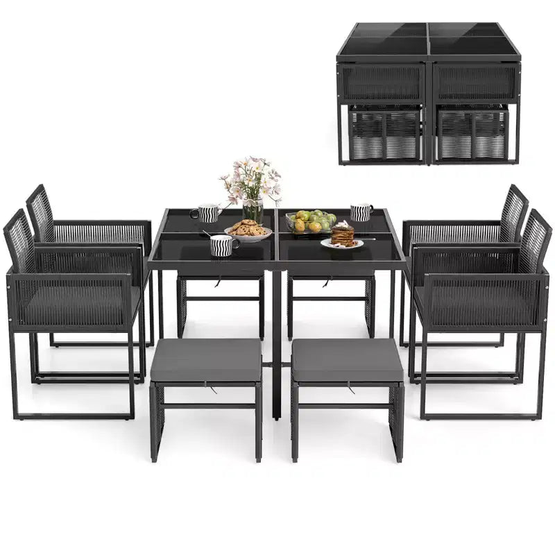 Costway Ensemble de salle à manger 9 pièces pour terrasse avec chaises en rotin PE, table en verre trempé et poufs
