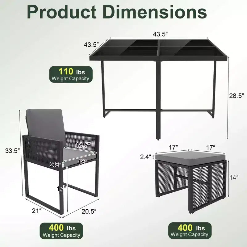 Costway Ensemble de salle à manger 9 pièces pour terrasse avec chaises en rotin PE, table en verre trempé et poufs