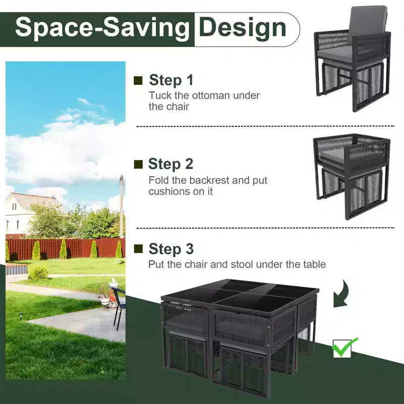 Costway Ensemble de salle à manger 9 pièces pour terrasse avec chaises en rotin PE, table en verre trempé et poufs