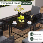 Costway Ensemble de salle à manger 9 pièces pour terrasse avec chaises en rotin PE, table en verre trempé et poufs