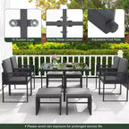 Costway Ensemble de salle à manger 9 pièces pour terrasse avec chaises en rotin PE, table en verre trempé et poufs
