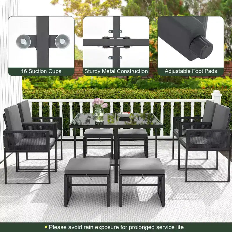 Costway Ensemble de salle à manger 9 pièces pour terrasse avec chaises en rotin PE, table en verre trempé et poufs