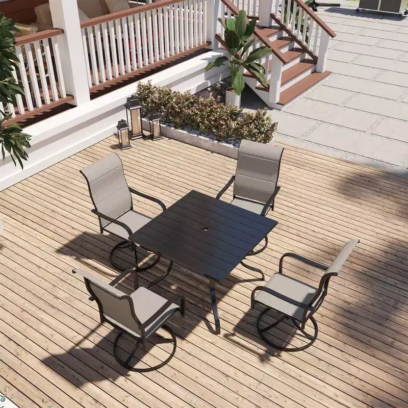 Mondawe Ensemble de salle à manger de patio 5 pièces, Table carrée avec trou de parasol intégré et chaises pivotantes à 360 degrés pour l'extérieur