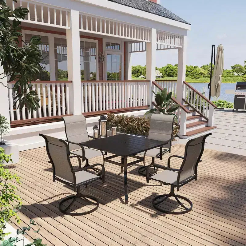 Mondawe Ensemble de salle à manger de patio 5 pièces, Table carrée avec trou de parasol intégré et chaises pivotantes à 360 degrés pour l'extérieur