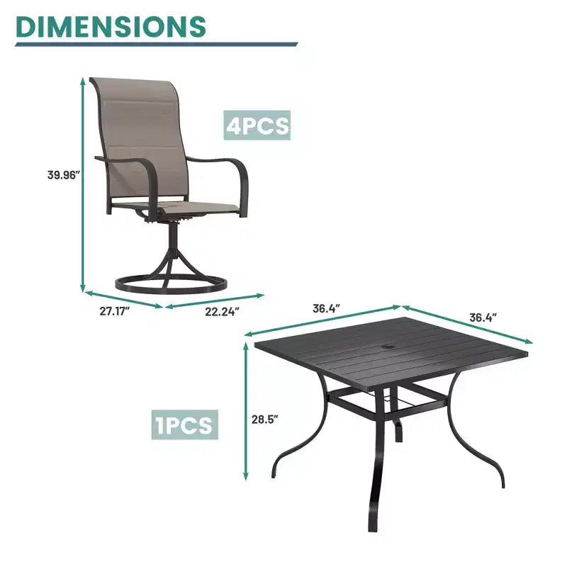 Mondawe Ensemble de salle à manger de patio 5 pièces, Table carrée avec trou de parasol intégré et chaises pivotantes à 360 degrés pour l'extérieur