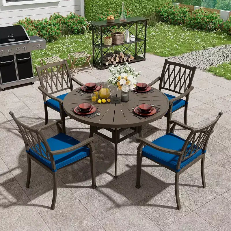Mondawe Ensemble repas d'extérieur 5 pièces rond en fonte d'aluminium avec 4 chaises de salle à manger