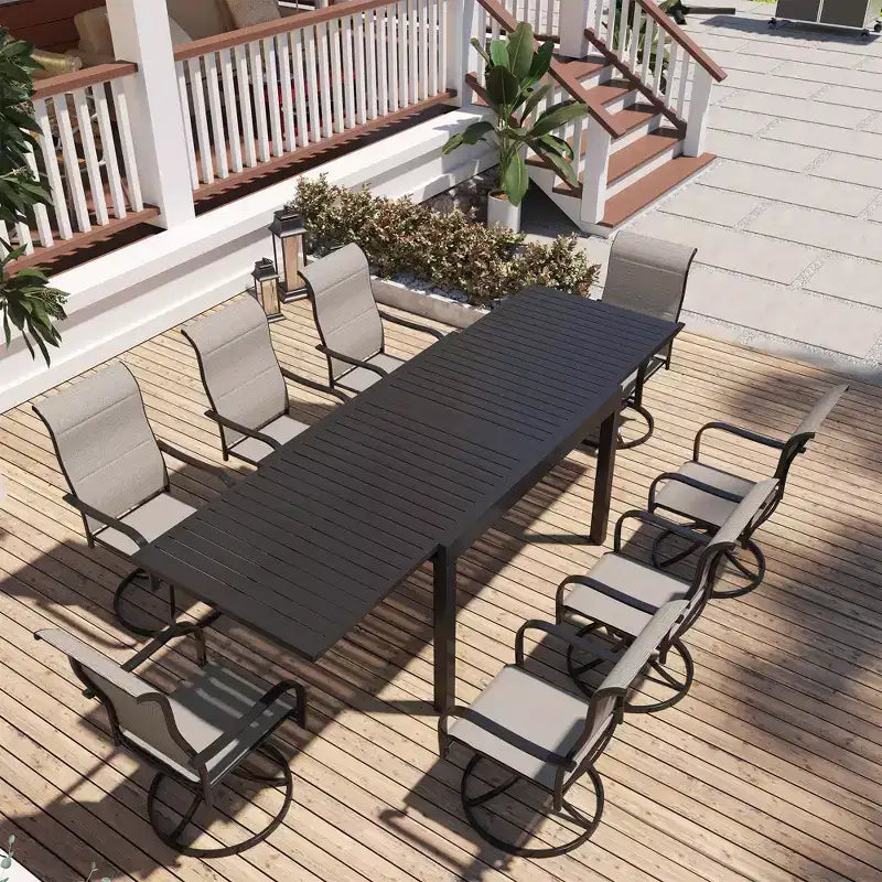 Set da pranzo Mondawe da 9 pezzi per esterni, con 1 tavolo rettangolare allungabile e 8 sedie girevoli a 360 gradi, per patio