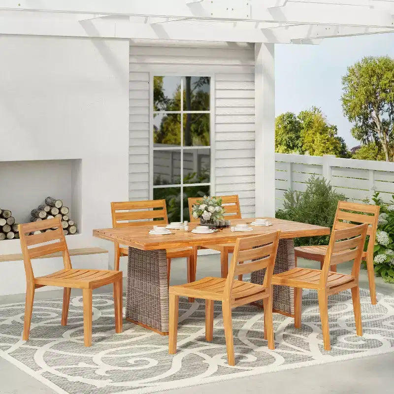 Christopher Knight Home Penelope Rustic 7 Piece Outdoor Acacia Wood Slatted Dining Set with Rattan Table