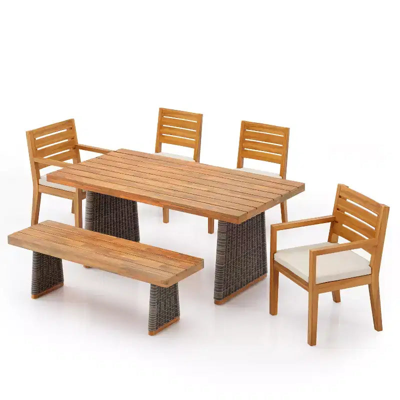 Christopher Knight Home Miranda, set da pranzo rustico da esterno in 6 pezzi con vimini, legno di acacia a doghe e cuscini
